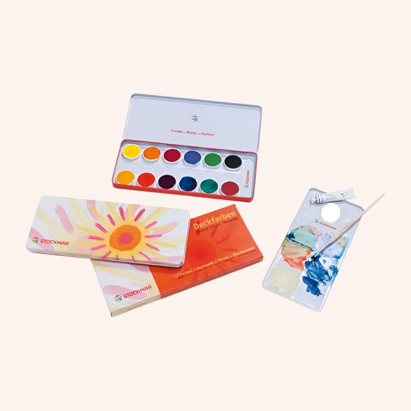 Stockmar Opaque Colours Set- 12 Colors, Opaque White, Brush + Palette