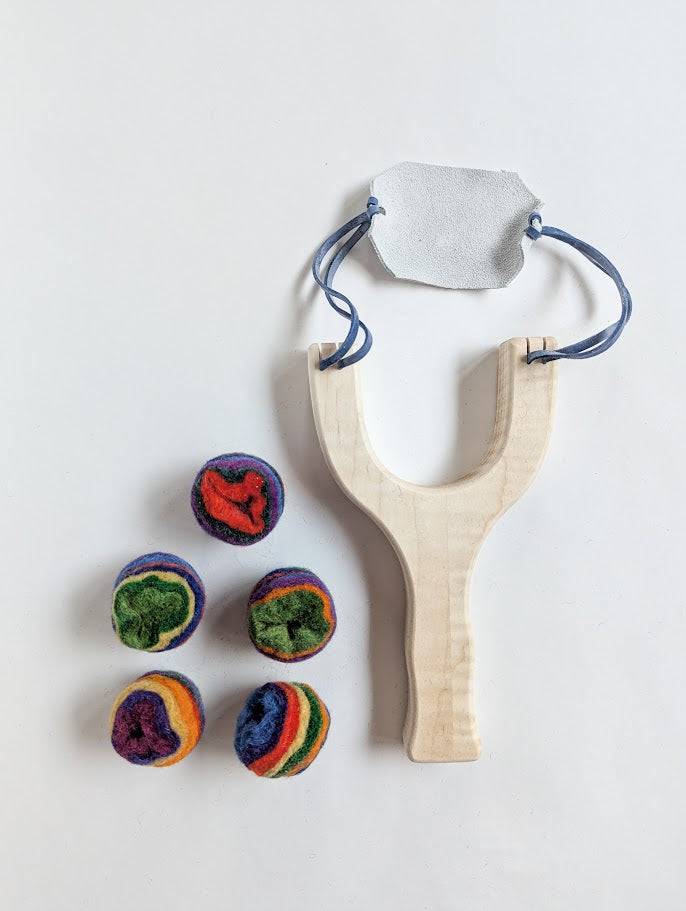 Wooden Slingshot with Felt Balls