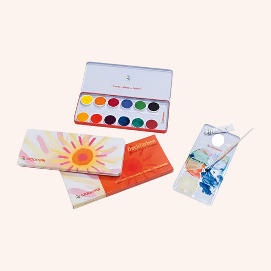 Stockmar Opaque Colours Set- 12 Colors, Opaque White, Brush + Palette