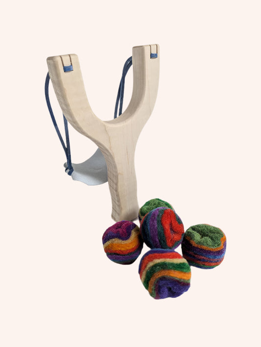 Wooden Slingshot with Felt Balls