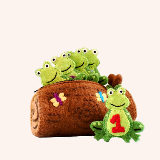5 Little Speckled Frogs with Log Bag - Finger Puppet Set